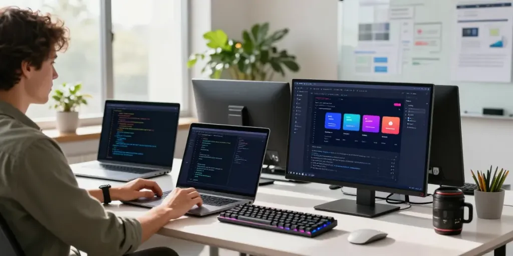 2113 Apps depicted in an innovative tech workspace with programming displays and vibrant app interfaces.