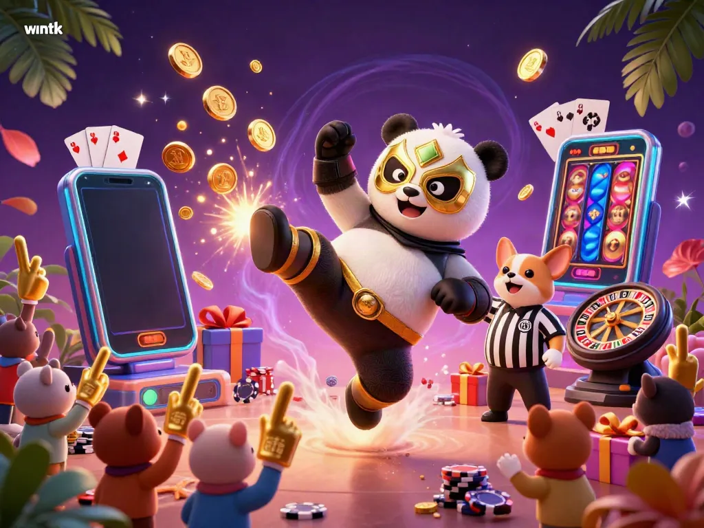 Engage with the thrilling scene at wintk featuring a panda wrestler and vibrant casino elements.