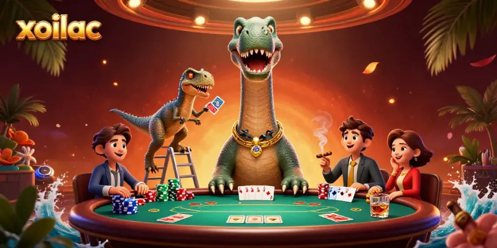 Join the excitement at xoilac where a brontosaurus oversees a thrilling poker game, showcasing colorful chips and cards.