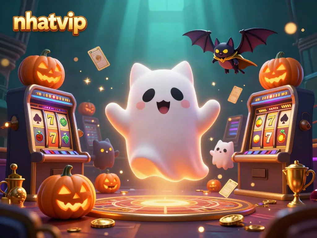 Nhatvip casino scene featuring a ghost cat and vibrant slot elements, captivating online gambling art.