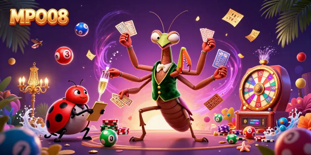 MPO08 features an animated casino scene with a giant praying mantis dealing cards and colorful lottery balls in a vibrant atmosphere.