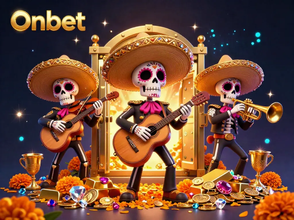 Experience Onbet's vibrant casino energy with a colorful Day of the Dead mariachi band amid a burst of treasures.