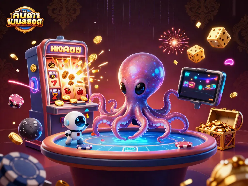Spin to win with ค้นหาเกมสล็อต featuring an alien octopus and robot at a 3D poker table.
