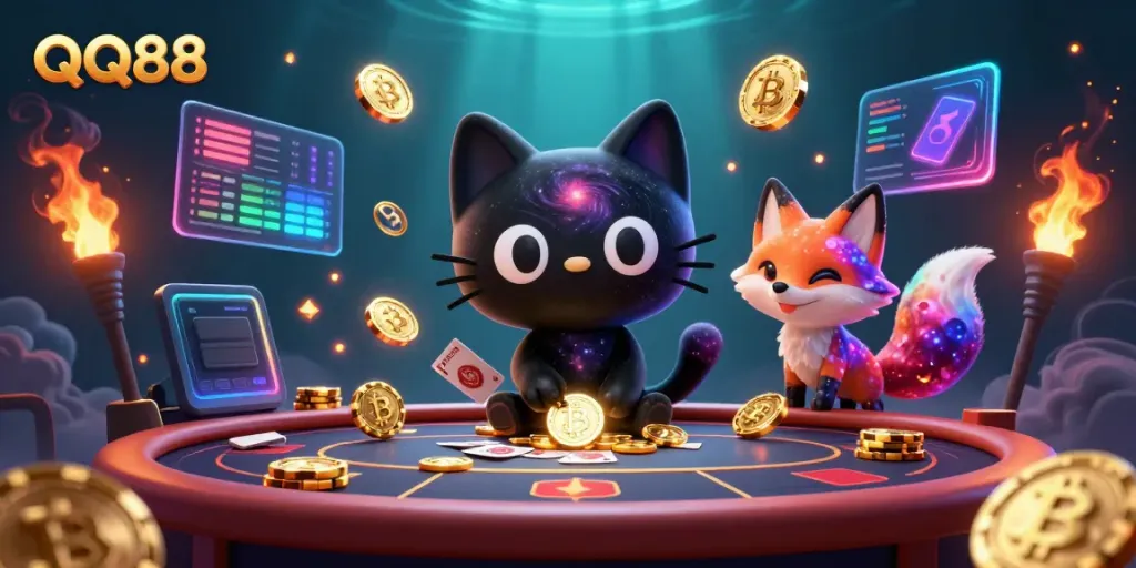 Experience QQ88's exciting casino atmosphere with stunning 3D illustration featuring cats and crypto elements.