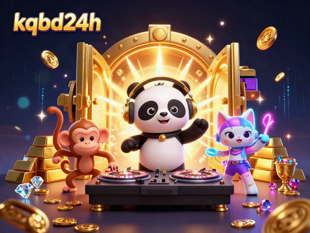 Engage with kqbd24h's vibrant scene featuring a DJ panda, breakdancing monkey, and glow-stick kitten among stunning casino elements.