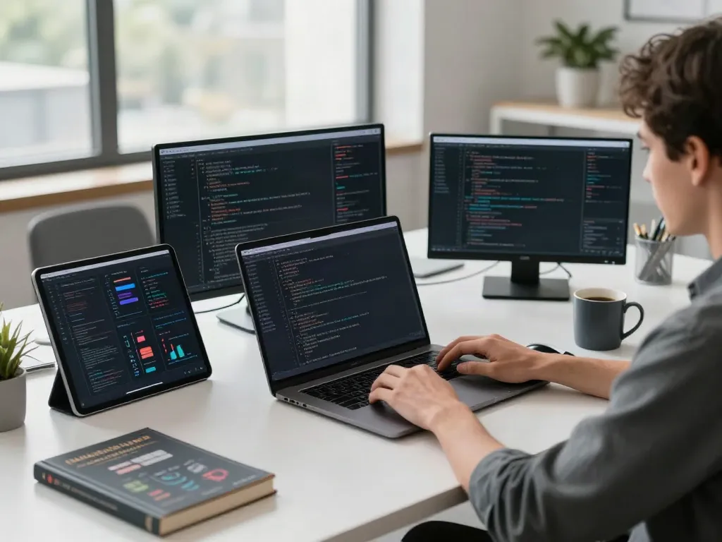 Brave developer coding in a modern workspace filled with tech gadgets and natural light.