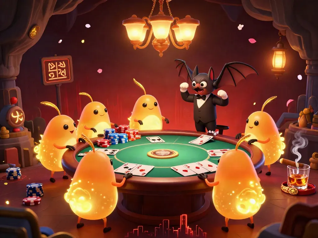 Bangsawan88 glowworms illuminate a casino scene with poker games and vibrant colors