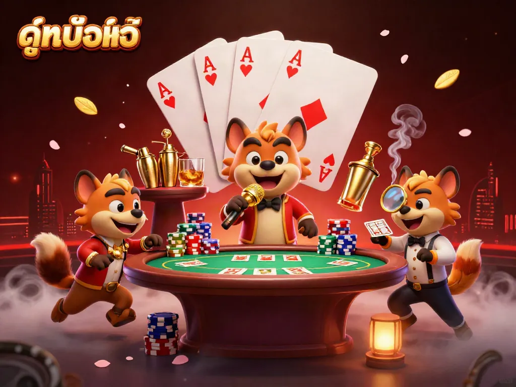 Enjoying a fun variety of ดูหนังออนไลน์ experiences with animated casino characters in a lively setting.