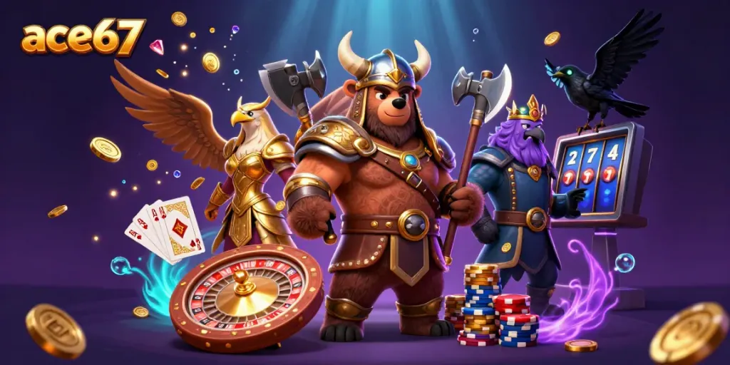 Experience thrilling gameplay at ace67 with a Viking bear, Valkyrie eagle, and dazzling casino elements.