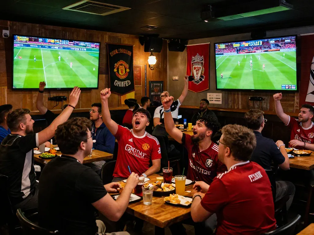 Passionate fans cheering for their teams while watching live football scores, including ผลบอลสด updates.