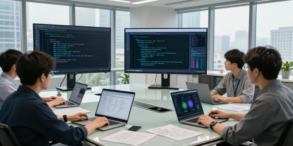 Enterprise AI developers collaborating in a modern workspace with advanced technology.