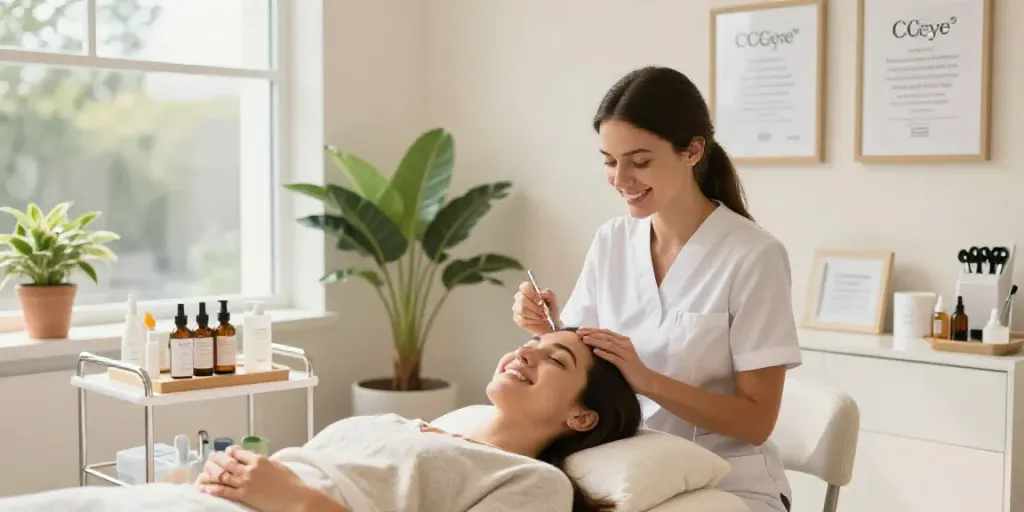 Professional aesthetician performing CCeye® treatment to remove Augenringe in a bright beauty studio.