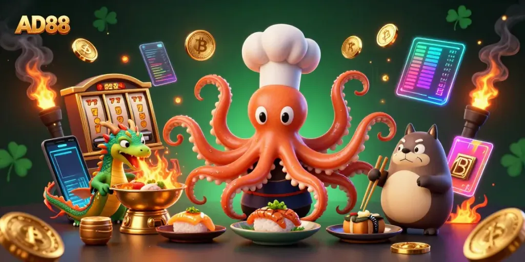 Engage in exciting gameplay at AD88 with a vibrant 3D scene featuring a sushi chef octopus, a dragon, and a tanuki.