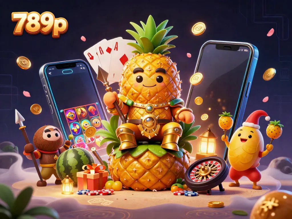Engage with the vibrant 789p casino scene featuring a golden pineapple king amid a flurry of slot game elements.