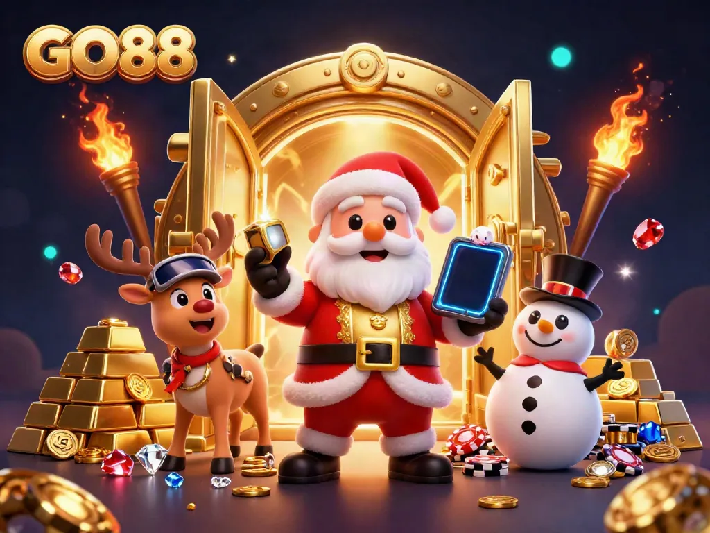 Experience excitement at GO88 casino with Santa, a reindeer dealer, and a chiptop snowman amidst jewels and gold.