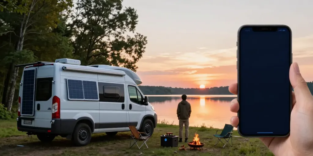 Person checking lithium batteries for RV at sunset near a lake.