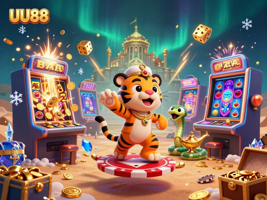 Experience the thrill of UU88's vibrant casino scene with a tiger sultan on a magical carpet amidst jackpot excitement.