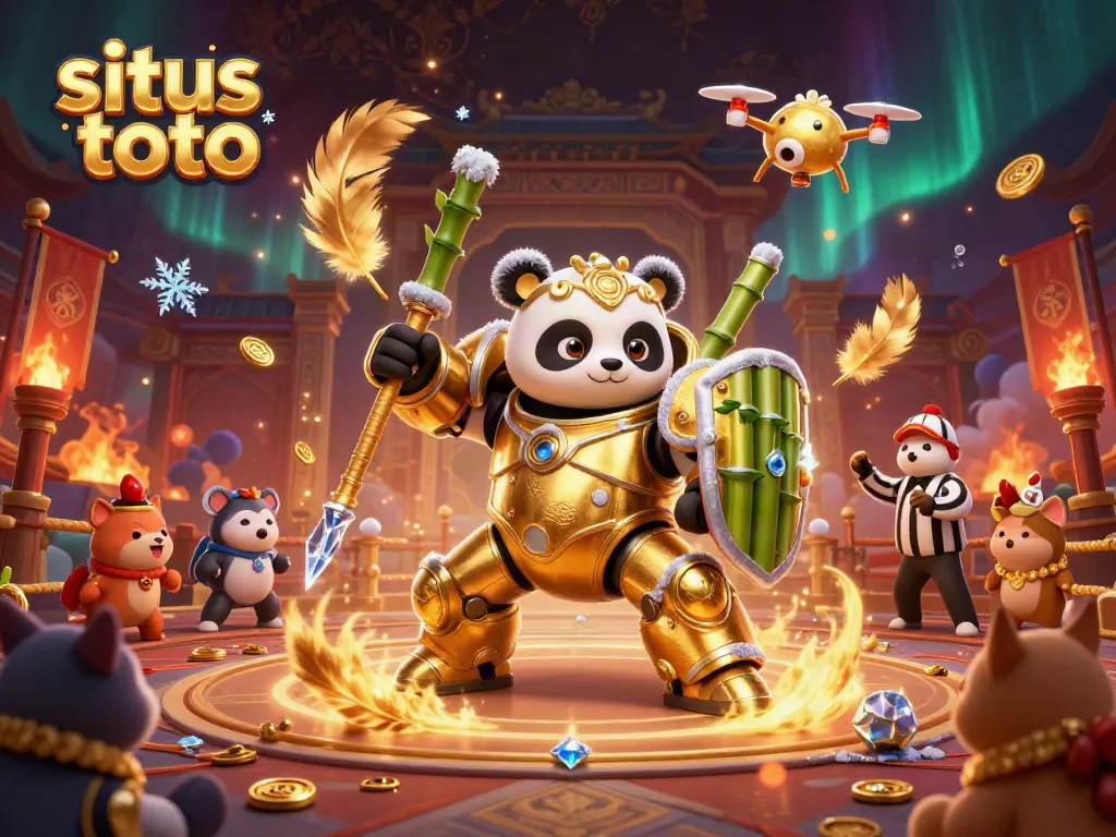Engage in exciting gaming action at situs toto with a 3D golden panda hero in a dynamic casino arena.