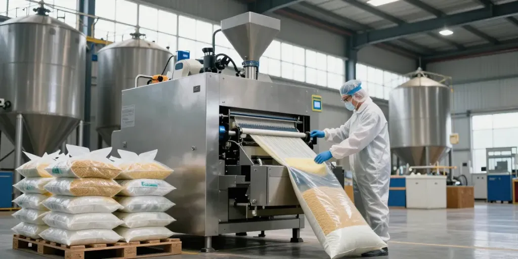 Open mouth bag filling machine in operation with a worker overseeing the bagging process efficiently.