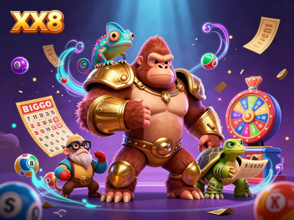 Engage with the thrilling world of XX8 casino with a packed illustration showcasing dynamic lottery and gaming elements.