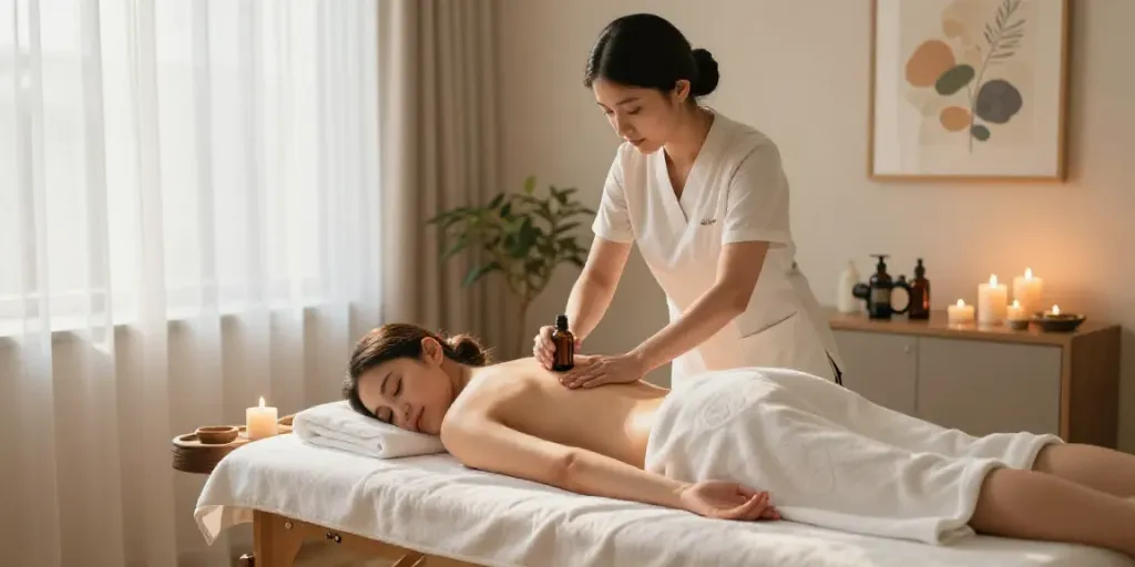 Relaxing general spa service with a therapist performing a massage in a tranquil setting.
