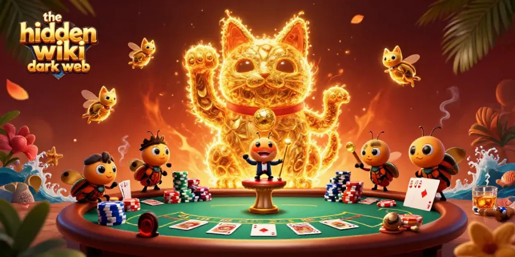 Win big at the hidden wiki dark web with colorful casino symbols and golden lucky cat illustration.