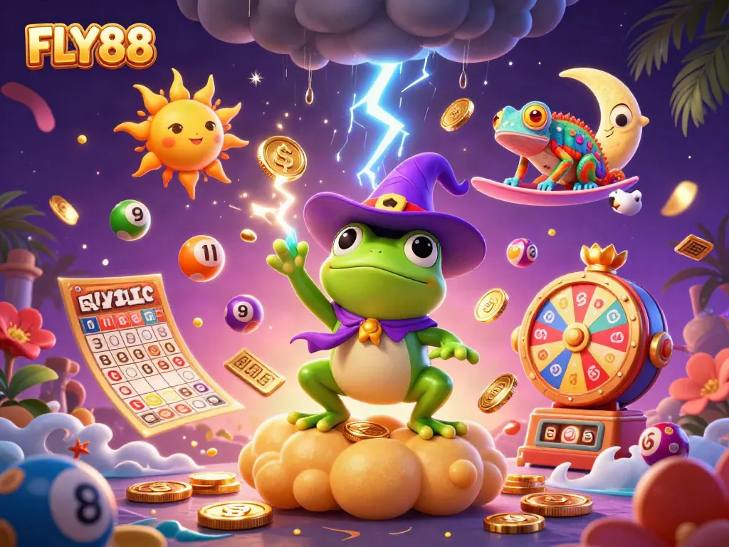 FLY88 engages players with a dynamic 3D scene of colorful lottery elements and lively characters.