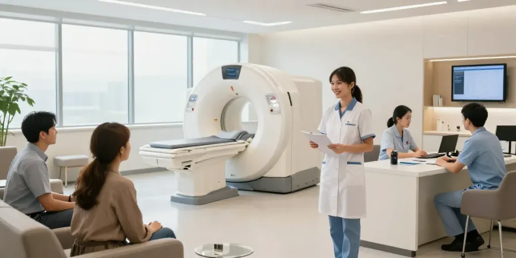 Das Diagnostikzentrum Wolfsburg mit moderner Empfangshalle und freundlichem Personal, das Patienten willkommen heißt.