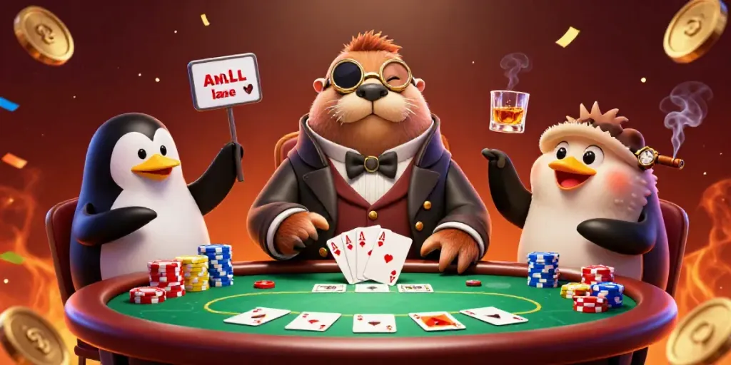 Walrus, penguin, and pufferfish playing poker underwater in a colorful casino scene with vibrant details, XX8.