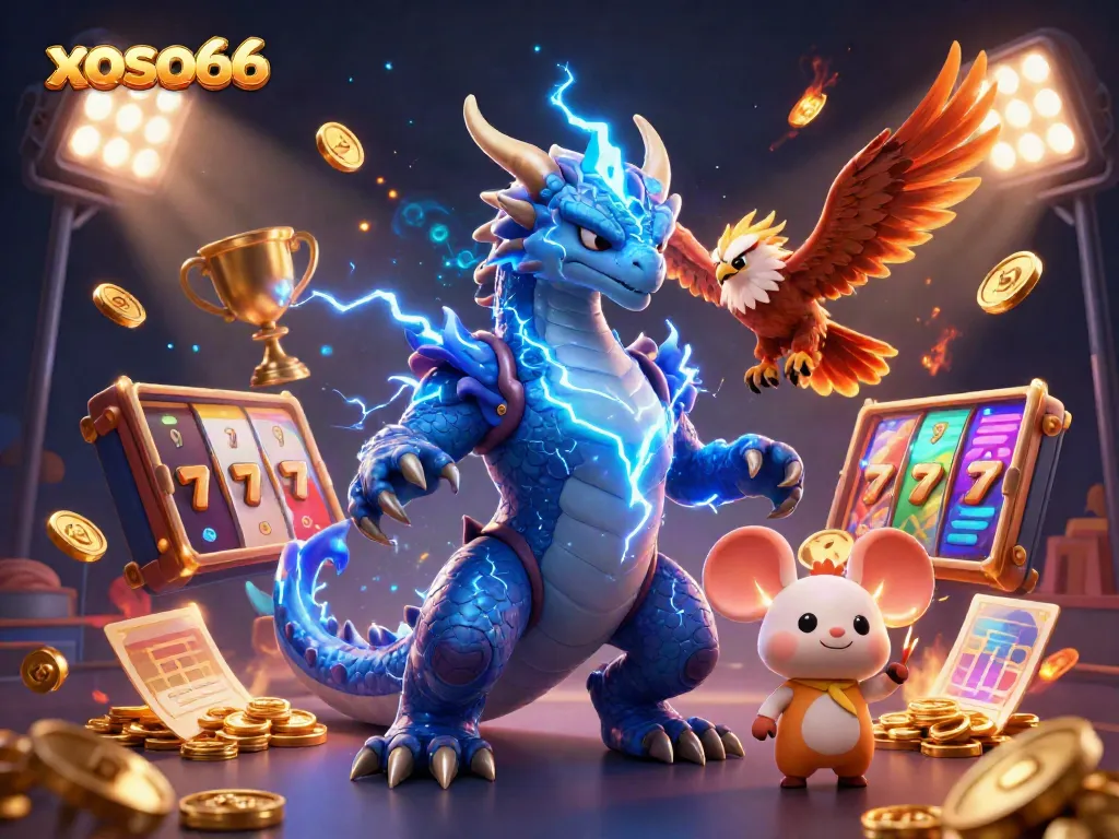 Experience thrilling gameplay with xoso66 featuring dragon, hawk, and lightning, in a vibrant casino scene.