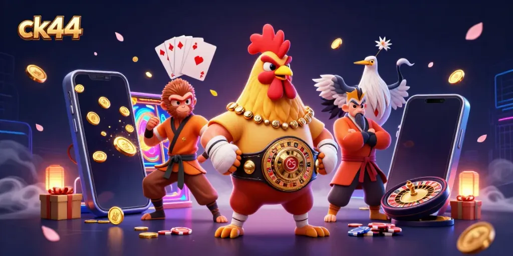 Engage in thrilling gameplay on ck44 with a vibrant illustration featuring lively characters and casino elements.