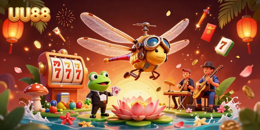 Experience thrilling slots with UU88's vibrant casino scene featuring unique characters and elements.