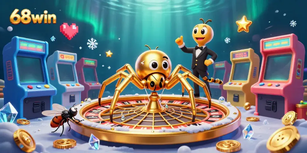 Experience the excitement of 68win as the golden spider spins a roulette wheel web while a fly bets nervously.