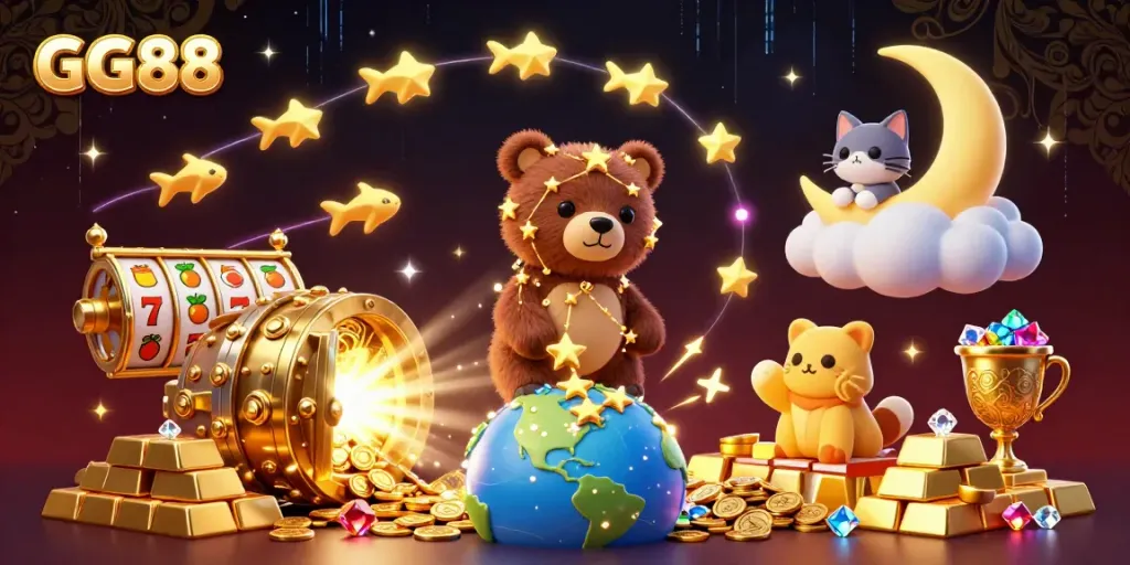 Witness GG88's thrilling online casino adventures with a cartoon constellation bear scooping coins amidst vibrant gaming elements.