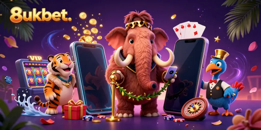 Experience the vibrant energy of 8xbet. with a mammoth bouncer, VIP guest, and casino elements in this dynamic 3D scene.