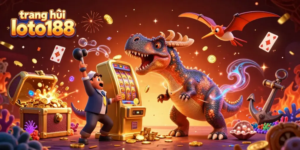Experience the excitement of trang chủ loto188 as creatures interact with a jackpot slot machine in this vibrant casino scene.