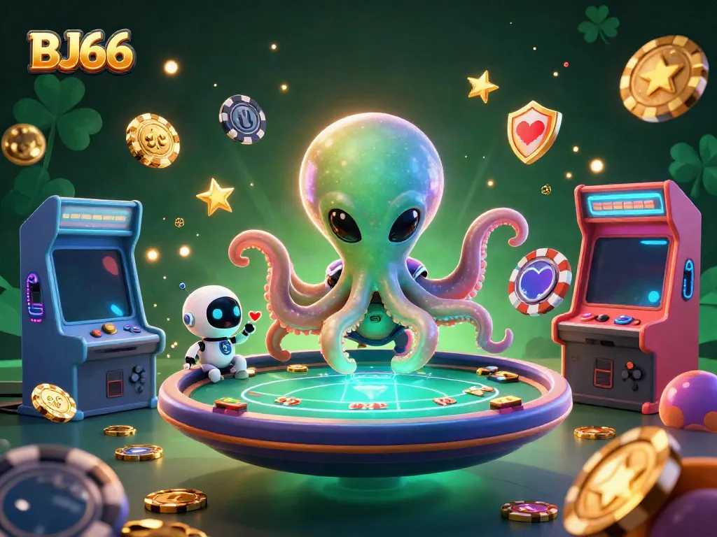 Join the excitement at BJ66, where a vibrant alien octopus plays poker with its robot companion.