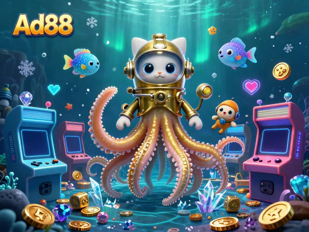 Experience the excitement of Ad88 with a vividly illustrated scene featuring a colossal kraken and a diving cat in a vibrant casino environment.