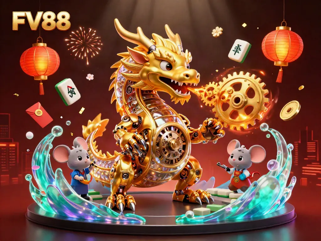 Experience exciting casino adventures with FV88's animated dragon, vibrant gold elements, and captivating gameplay.