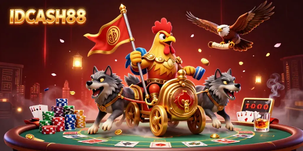 Experience thrilling games at IDCASH88, featuring a dynamic scene with a rooster warlord and casino elements.