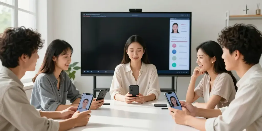 Engaged users exploring Alternatives to QOVES through AI facial analysis apps in a bright studio.