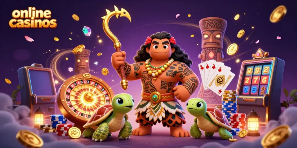 Engaging scene of a Polynesian demigod hawk and turtle in a vibrant online casinos setting.