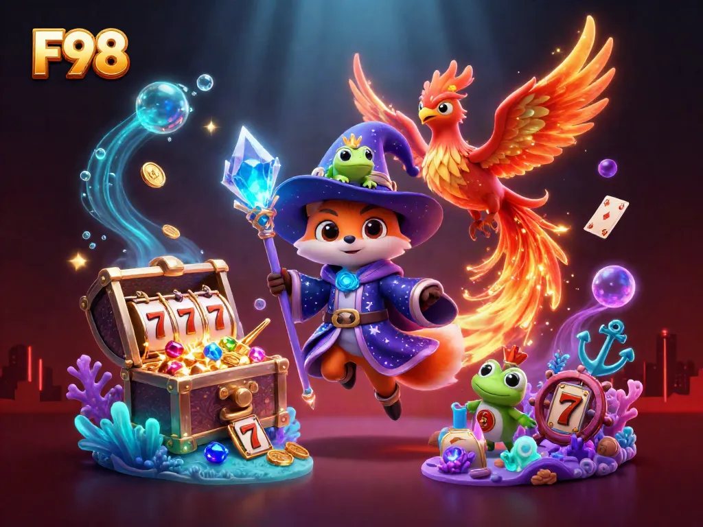 F98 captures the excitement of winning with a mystical casino-themed illustration featuring a wizard, phoenix, and vibrant game elements.