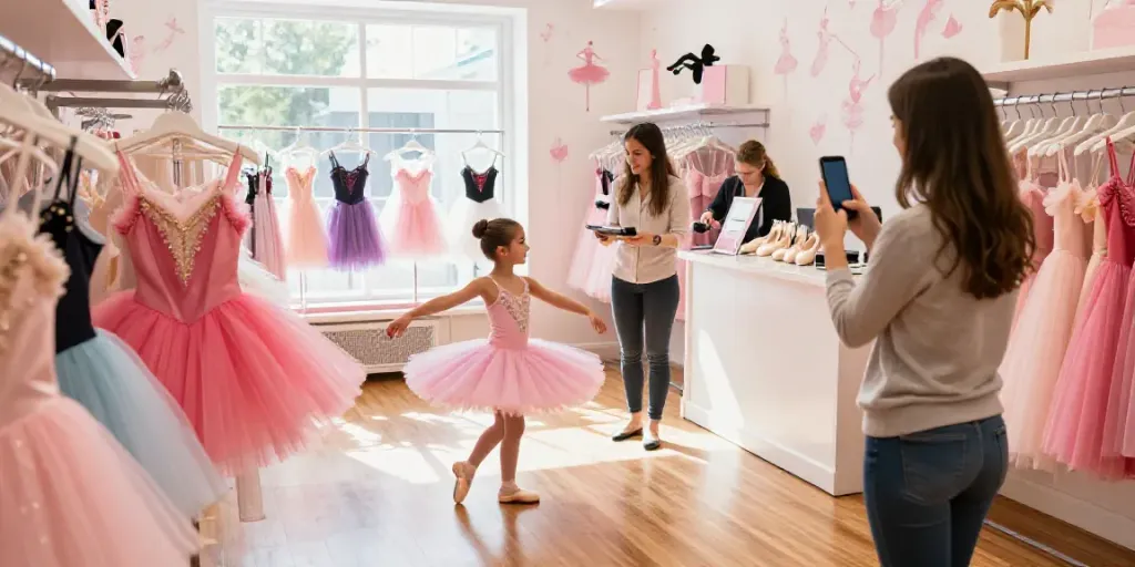 Explore tutu-store.com showcasing colorful tutus in a bright retail scene with smiling customers.