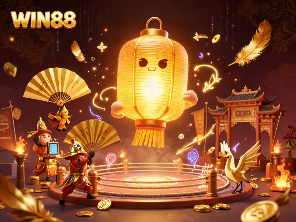 WIN88 themed illustration featuring a glowing lantern spirit and golden warriors in an animated casino scene.