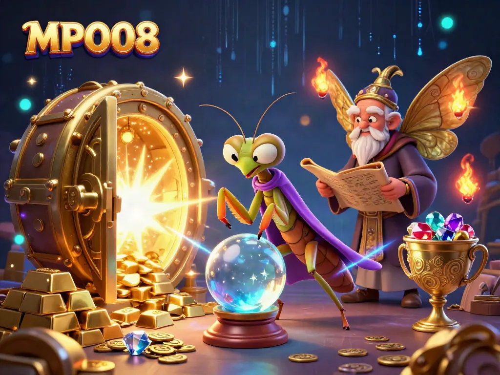 Engage in gaming excitement at MPO08 with a mystical fortune teller and treasures surrounding.