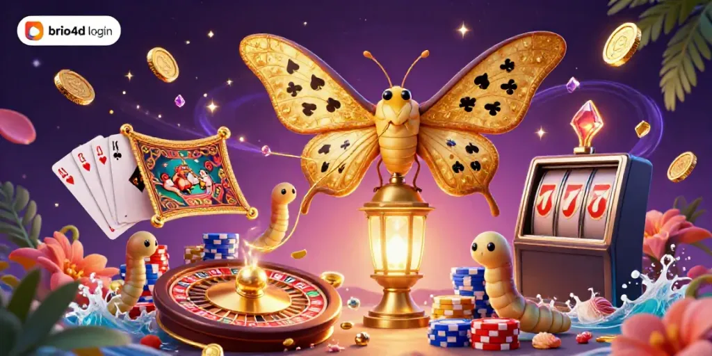 Cascade of gaming elements with a focus on brio4d login, depicted through animated characters and casino imagery.