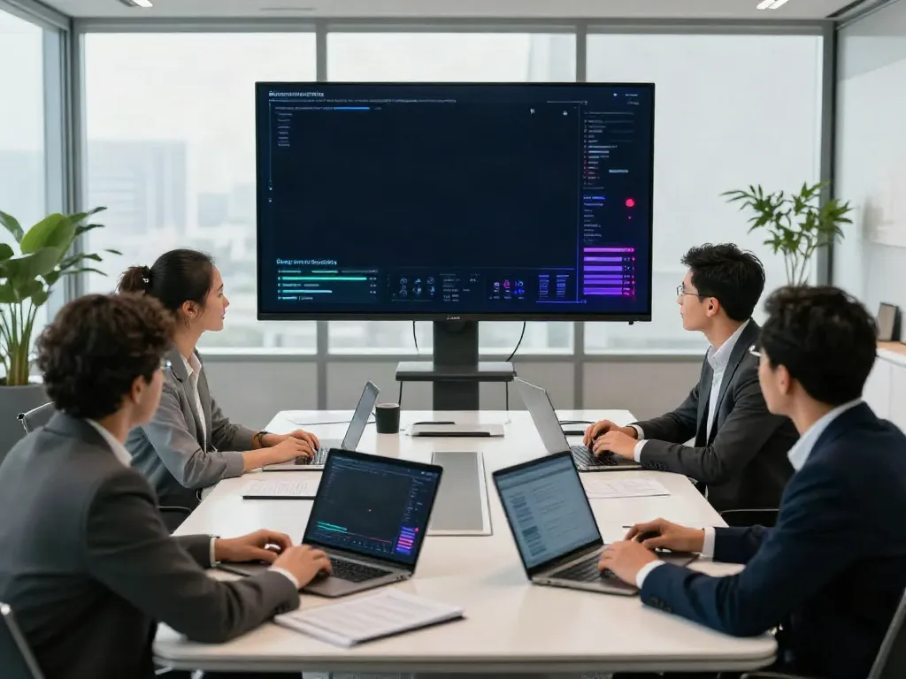 Team discussing deepfake protected meetings in a modern office setting.