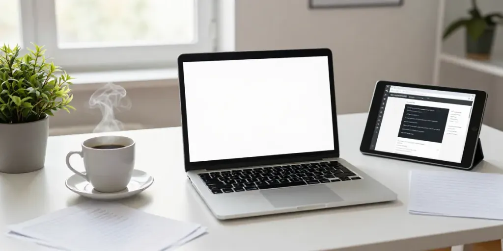 Generate article outlines with AI in a modern workspace setting with a writer at a desk.