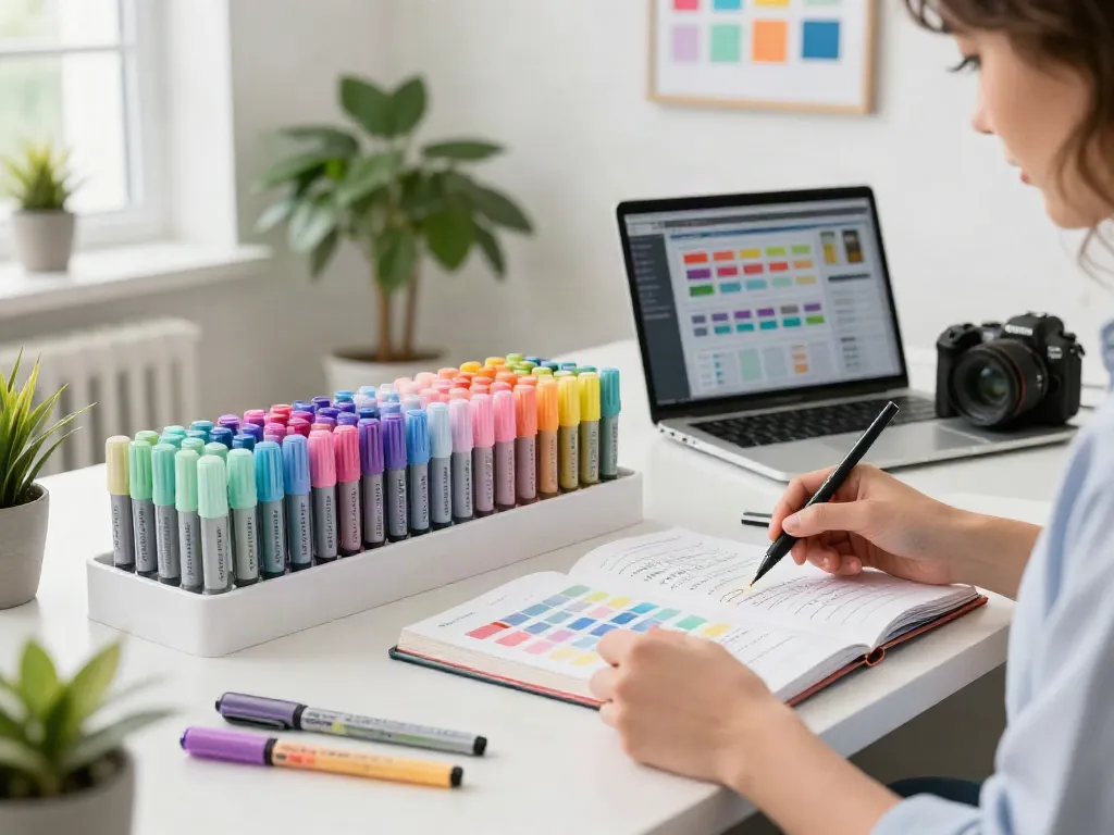 Highlighter manufacturer workspace displaying colorful highlighter pens and design samples for 2026.